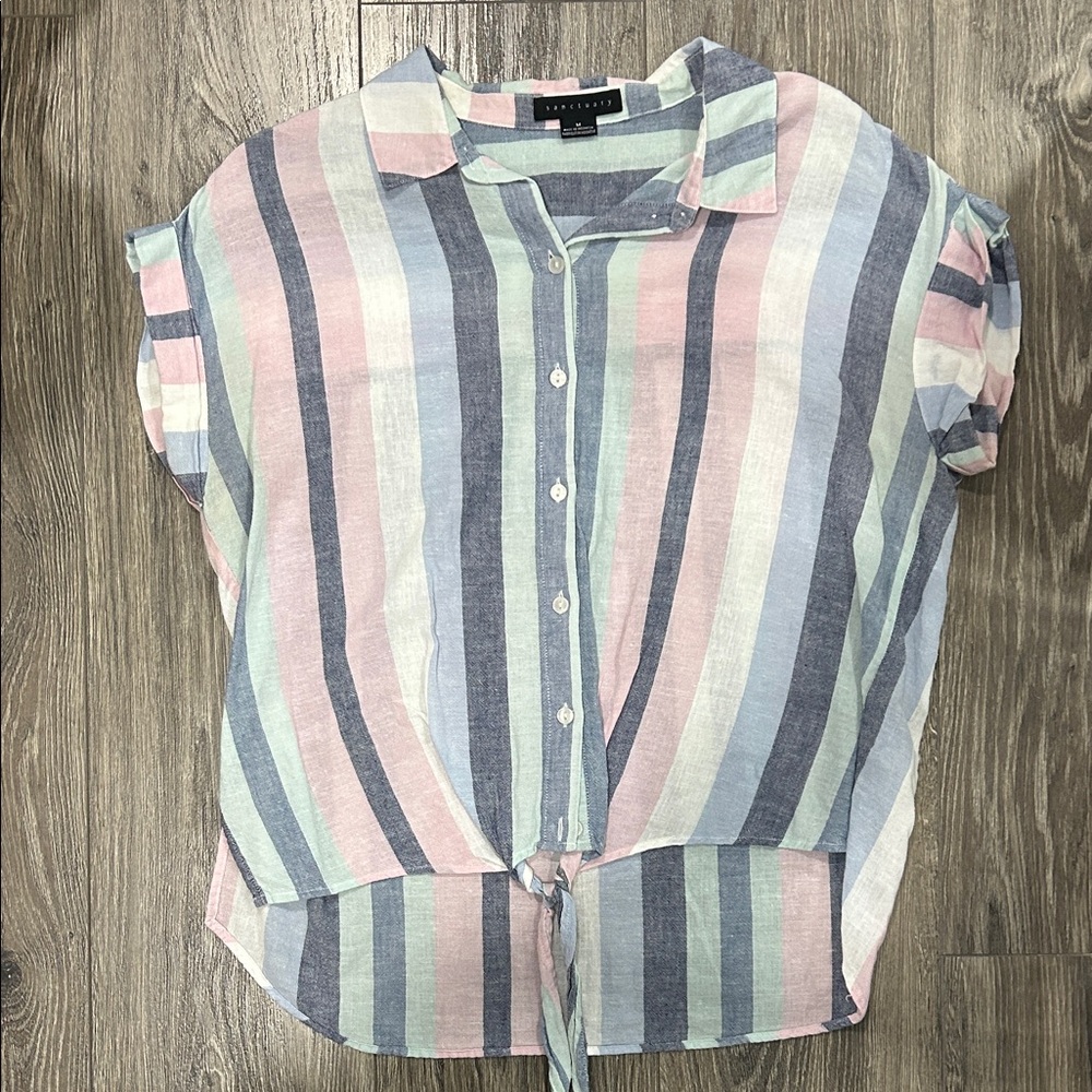 Sanctuary Pastel Striped Button-Front Tie Hem Shirt